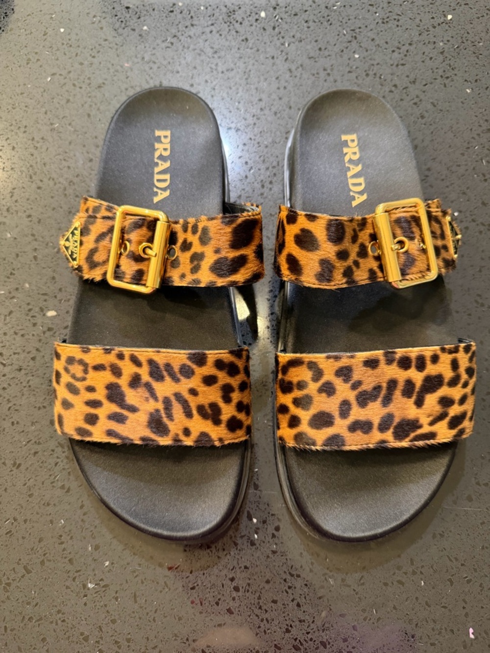 Prada Leopard Print Slide Sandals with Gold Logo